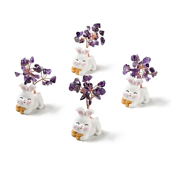 Natural Gemstone Tree Display Decorations, Resin Rabbit Base Feng Shui Ornament for Wealth, Luck, Rose Gold, 26x42~49x62~64mm
