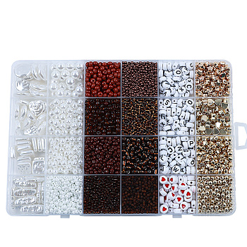 DIY 24 Style Acrylic & ABS Beads Jewelry Making Finding Kit, Flat Round & Star & Barrel & Round & Heart & Strip & Rhombus, Coconut Brown, 6~18.5x6~15x2.2~16.5x1.5~7.5mm, Hole: 0.7~1.8mm