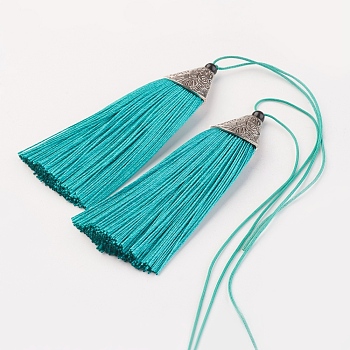 Nylon Tassels Big Pendant Decorations, with CCB Plastic, Antique Silver, Turquoise, 85x20x10.5mm