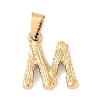 304 Stainless Steel Pendants, Bamboo Style, Letter, Golden Color, Letter.M, 19x16x3mm, Hole: 3x7mm