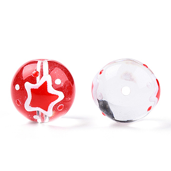 Transparent Handmade Lampwork Beads, Round with Star Pattern, Red, 17x16x15mm, Hole: 1.8~2mm