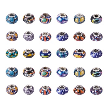 34Pcs 17 Colors Handmade Polymer Clay European Beads, Large Hole Beads, Rondelle, Mixed Color, 13~16x8~11mm, Hole: 4.5~5mm, 2pcs/color
