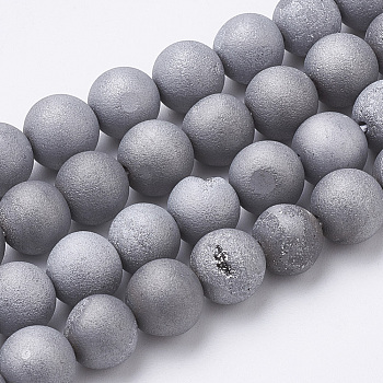 Electroplate Natural Druzy Geode Weathered Agate Beads Strands, Frosted, Dyed, Round, Platinum Plated, 6~6.5mm, Hole: 1.5mm, about 65pcs/strand, 15.5 inch