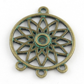 Flower Zinc Alloy Flat Round Tray Chandelier Components Links Cabochon Settings, Cadmium Free & Nickel Free & Lead Free, Antique Bronze & Green Patina, Tray: 4mm, 33x26.5x2mm, Hole: 1.5~2mm
