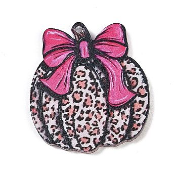 Acrylic Pendants, Pumpkin with Bowknot & Leopard Print Pattern, Deep Pink, 30x30x2mm, Hole: 1.5mm