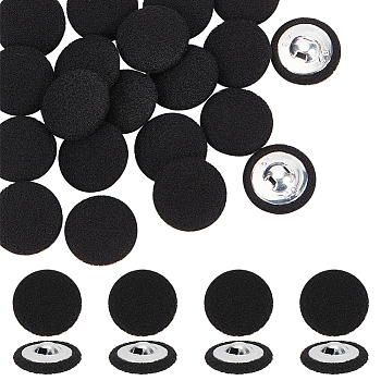 20Pcs Cloth with Aluminum Base Buttons, Flat Round, Black, 26x10.5mm, Hole: 3.3x2mm