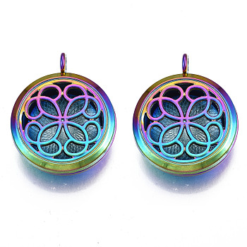 Rack Plating Alloy Locket Pendants, Diffuser Locket, with Magnetic, Cadmium Free & Nickel Free & Lead Free, Flat Round with Flower, Rainbow Color, 36x30x11mm, Hole: 3.5mm, Inner Diameter: 22mm