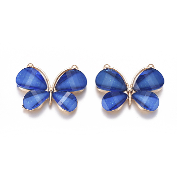 Alloy Pendants, with Resin, Faceted, Butterfly, Light Gold, Royal Blue, 21~22x28~29x4.5mm, Hole: 2.5mm.