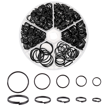 Elite 373Pcs 5 Styles Iron Split Key Rings, Keychain Ring, Electrophoresis Black, 8~20x1.2~2mm, Inner Diameter: 6.8~13.5mm