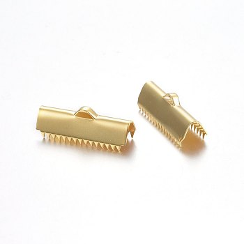 304 Stainless Steel Ribbon Crimp Ends, Rectangle, Golden, 9x25mm, Hole: 4.5x1.5mm, Inner Diameter: 24x7mm