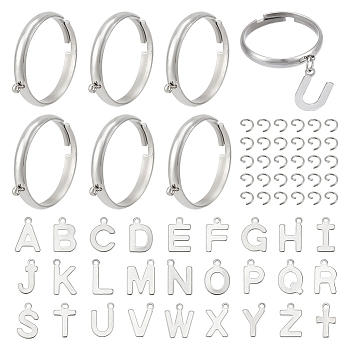 DIY Charm Adjustable Ring Making Kit, Including 304 Stainless Steel Loop Ring Base, 201 Stainless Steel Charms, Letter A~Z & Cross, Stainless Steel Color, 88Pcs/box