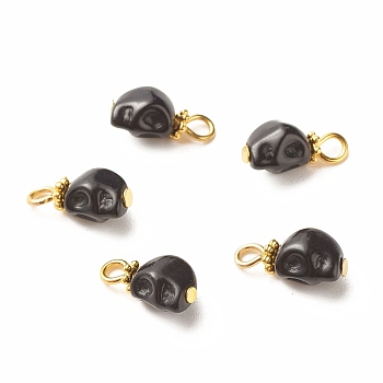 Dyed Synthetic Turquoise Charms, with Golden Tone Alloy & Iron Findings, Skull, Black, 14.5x6.5x6mm, Hole: 2.7x2.2mm