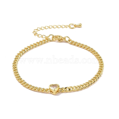 Cubic Zirconia Heart Link Bracelet with Curb Chains(KK-E033-20G)-2