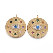 Brass Micro Pave Colorful Cubic Zirconia Enamel Pendants, Long-Lasting Plated, Flat Round with Horse Eye, Real 18K Gold Plated, 22.5x20x3mm, Hole: 2mm(KK-F821-29G)