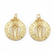 Brass Micro Pave Cubic Zirconia Pendants, with Jump Rings, Nickel Free, Flat Round with Snake Crown, Real 16K Gold Plated, Clear, 21.5x19x7mm, Jump Rings: 5x0.8mm, 3mm inner diameter.(ZIRC-T014-021B-NF)