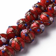 Handmade Gold Sand Lampwork Beads Strands, Round with Flower, Red, 13~15x11~13mm, Hole: 1.6mm, about 45pcs/strand, 20.47 inch~21.06 inch(52cm~53.5cm)(LAMP-T017-05F)