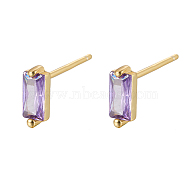 Cubic Zirconia Rectangle Stud Earrings, Golden 925 Sterling Silver Post Earrings, with 925 Stamp, Lilac, 7.8x3mm(FU7889-9)