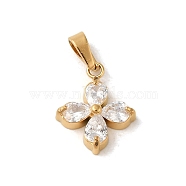 Ion Plating(IP) 304 Stainless Steel Pendants, with Cubic Zirconia, Flower Charm, Clear, Golden, 13x10.5x3mm, Hole: 4x2mm(X-STAS-C103-04G)