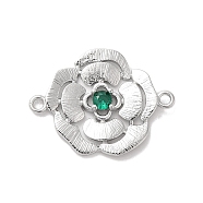 Brass Pave Glass Connector Charms, Flower Links, Real Platinum Plated, Green, 17x22.5x3mm, Hole: 1.4mm(KK-Z073-32P-04)