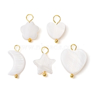 Natural Freshwater Shell Pendants, with Brass Loops, Star & Moon & Heart, Mixed Shapes, Golden, 13~16.5x8~12.5x2.5~3mm, Hole: 1.6~2.5mm(PALLOY-JF02416-02)