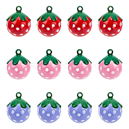 12Pcs 3 Colors Baking Painted Brass Bell Pendants, Strawberry Charm, Mixed Color, 21.5x17.5x17mm, Hole: 2mm, 4pcs/color(FIND-GF0004-13)