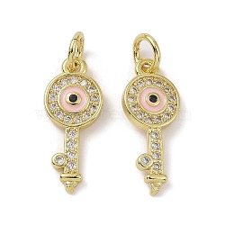 Real 18K Gold Plated Brass Micro Pave Cubic Zirconia Pendants, with Enamel and Jump Ring, Key Charms, Pink, 17.5x7x2mm, Hole: 3.4mm(KK-L209-068G-03)