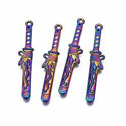 Rainbow Color Alloy Pendants, Cadmium Free & Nickel Free & Lead Free, Sword, 45x8x3mm, Hole: 1.5mm(PALLOY-N163-113-NR)