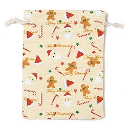 Christmas Theme Cloth Printed Storage Bags, Drawstring Bags, Rectangle, Beige, 18x13x0.4cm(ABAG-F010-02B-04)