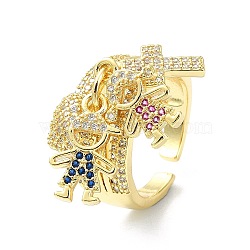 Rack Plating Brass Micro Pave Cubic Zirconia Open Cuff Rings, Cadmium Free & Lead Free, Long-Lasting Plated, Real 18K Gold Plated, Human, US Size 8(18.1mm)(RJEW-C076-08A-G)