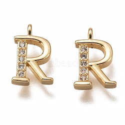 Brass Micro Pave Clear Cubic Zirconia Charms, Cadmium Free & Lead Free, Long-Lasting Plated, Alphabet, Letter.R, 11x7x3mm, Hole: 1.4mm(ZIRC-B002-39G-R)