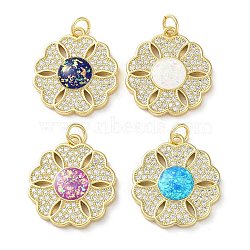 Brass Micro Pave Clear Cubic Zirconia Pendants, with Synthetic Opal and Jump Ring, Real 18K Gold Plated, Flower, Mixed Color, 21x19x3.5mm, Hole: 3.6mm(KK-C045-32G)