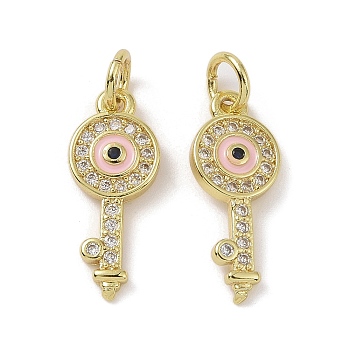 Real 18K Gold Plated Brass Micro Pave Cubic Zirconia Pendants, with Enamel and Jump Ring, Key Charms, Pink, 17.5x7x2mm, Hole: 3.4mm