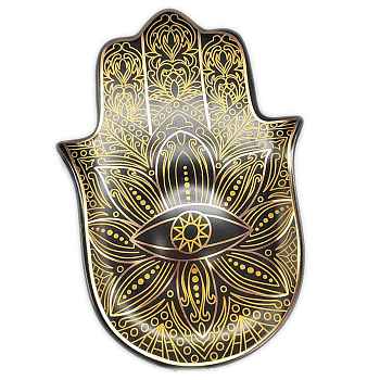 Ceramics Hamsa Hand/Hand of Miriam with Flower Jewelry Tray, Snack Food Storage Plate for Party Home Decor, Goldenrod, 170x117x12mm