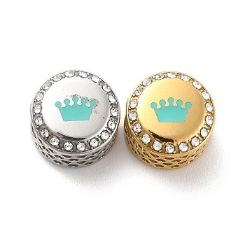 304 Stainless Steel European Beads, with Enamel & Rhinestone, Large Hole Beads, Golden & Stainless Steel Color, Flat Round with Crown, Turquoise, 12x8mm, Hole: 4mm