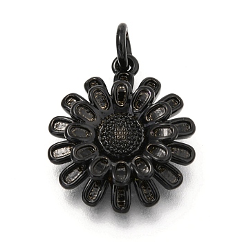 Spray Painted Brass Pendants, with Jump Rings, Sunflower, Black, 17x14.5x3.5mm, Hole: 3mm