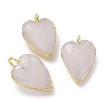 Natural Quartz Crystal Pendants, Rock Crystal Pendants, Faceted Heart Charms, with Golden Plated Brass Edge Loops, 18x12x6mm, Hole: 3mm