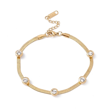 Crystal Rhinestone Beaded Herringbone Chain Bracelet, Ion Plating(IP) 304 Stainless Steel Jewelry for Women, Golden, 7-1/4 inch(18.5cm)