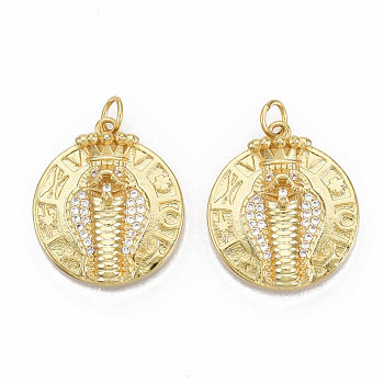 Brass Micro Pave Cubic Zirconia Pendants, with Jump Rings, Nickel Free, Flat Round with Snake Crown, Real 16K Gold Plated, Clear, 21.5x19x7mm, Jump Rings: 5x0.8mm, 3mm inner diameter.
