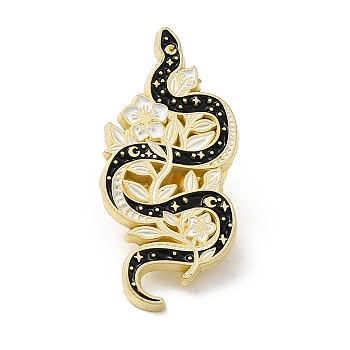 Snake & Flower Enamel Pins, Totem Badge, Golden Alloy Brooch for Backpack Clothes, Black, 30x14x1.5mm