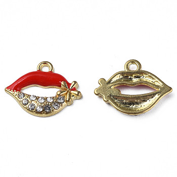 Alloy Enamel Pendants, with Crystal Rhinestone, Cadmium Free & Lead Free, Light Gold, Lip with Flower, Red, 13.5x17.5x2mm, Hole: 1.6mm