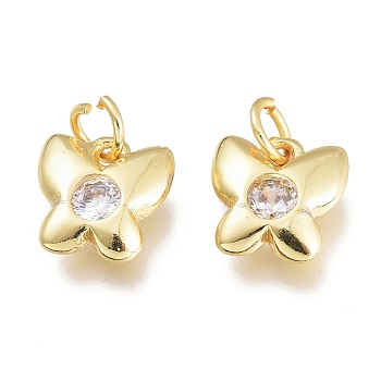 Brass Micro Pave Cubic Zirconia Charms, with Jump Ring, Butterfly, Golden, Clear, 8x7.5x2.5mm, Hole: 1.5mm Jump rings: 3.5x0.8mm