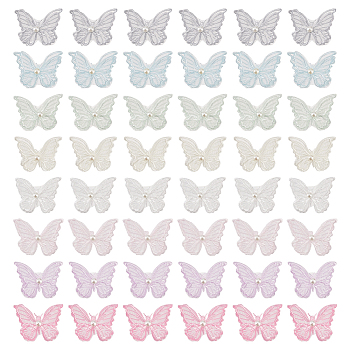48Pcs 8 Colors Double Layered 3D Butterfly Polyester Embroidery Ornament Accessories, with Plastic Imitation Pearl, Organza Applique, Sewing Craft Decoration, Mixed Color, 38x48x1.5mm, 6pcs/color