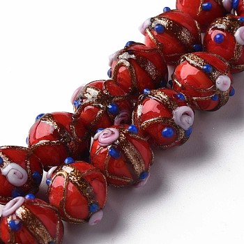 Handmade Gold Sand Lampwork Beads Strands, Round with Flower, Red, 13~15x11~13mm, Hole: 1.6mm, about 45pcs/strand, 20.47 inch~21.06 inch(52cm~53.5cm)