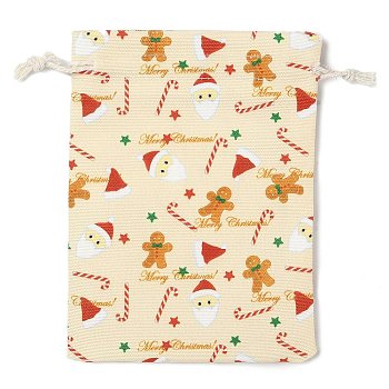 Christmas Theme Cloth Printed Storage Bags, Drawstring Bags, Rectangle, Beige, 18x13x0.4cm