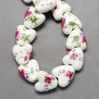 Handmade Printed Porcelain Beads, Heart, Medium Violet Red, 15x15x7mm, Hole: 3mm