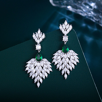 Leaf Brass Micro Pave Cubic Zirconia Dangle Stud Earrings, Pave Cluster Earring, Platinum, Green, 68x27mm
