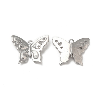 Brass Pendants, Butterfly with Heart Pattern Charm, Real Platinum Plated, 15x19x3mm, Hole: 1.2mm