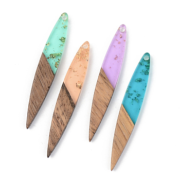 Transparent Resin & Walnut Wood Pendants, with Gold Foil, Leaf, Mixed Color, 43x7x3mm, Hole: 1.6mm