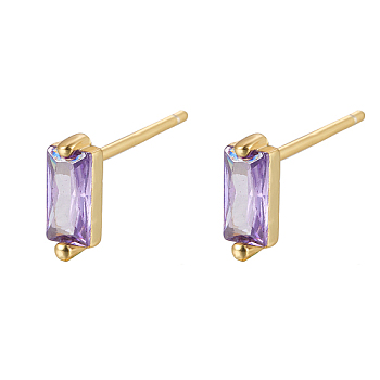 Cubic Zirconia Rectangle Stud Earrings, Golden 925 Sterling Silver Post Earrings, with 925 Stamp, Lilac, 7.8x3mm