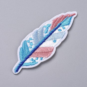 Computerized Embroidery Cloth Iron on/Sew on Patches, Costume Accessories, Appliques, for Backpacks, Clothes, Feather, Colorful, 86x32x1.5mm
